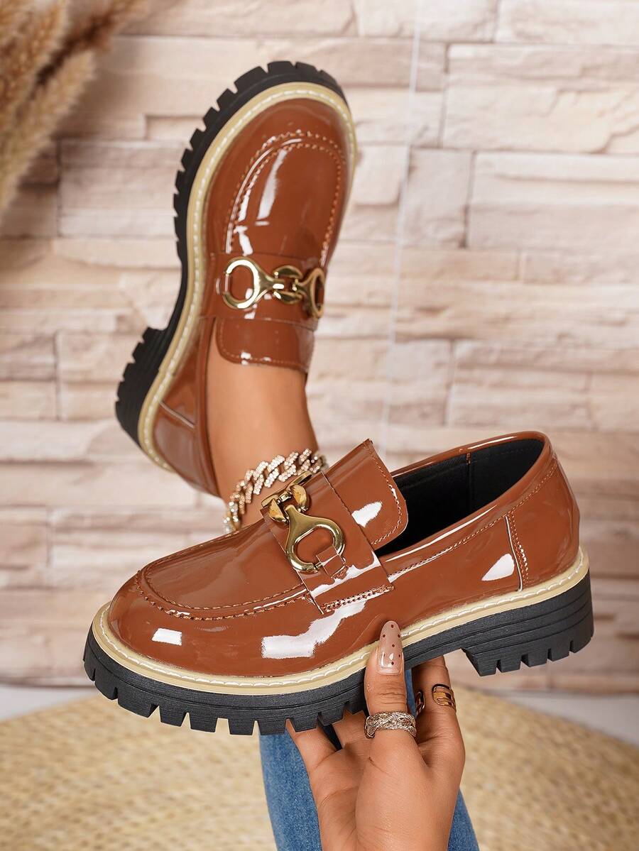 女士乐福鞋，复古学院风小皮鞋，棕色蝴蝶结装饰，套脚鞋，厚底鞋，女鞋，女士工作鞋 - 棕色 - 查看 1