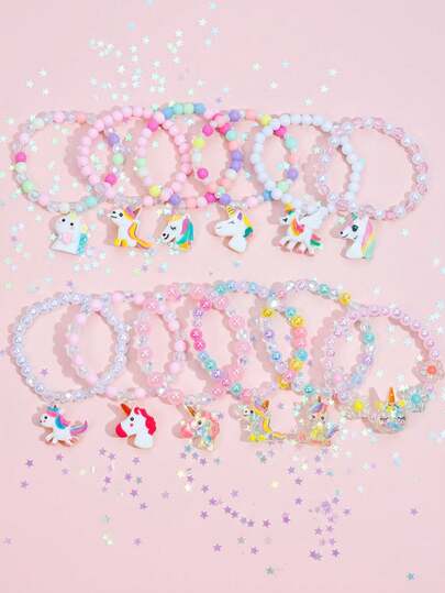 12 件/套女孩独角兽手链，串珠心形珠宝腕带套装，适合节日派对生日礼物，颜色随机