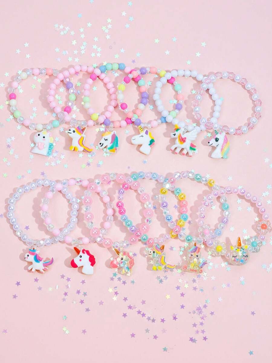 12pcs/Set Girls' Unicorn Charm Bracelet, Beaded Heart Jewelry Wristband Set, Suitable For Holiday Party Birthday Gift, Random Color - Multicolor - View 1