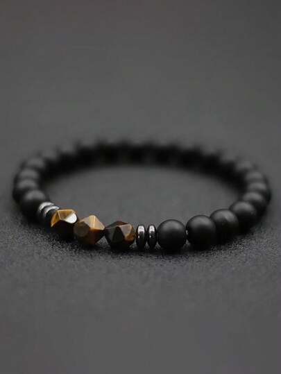 YAUKIA Minimalist Men Bracelet Black Onyx Stone Beaded Bracelet Leisure Tiger Eyes Strand Bracelet Accessories