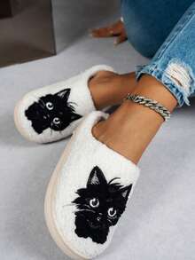 نعال منزلية مبطنة بالفرو مزخرفة برسومات حيوانات كرتونية مانعة للانزلاق للنساء، ملابس منزلية كاجوال للشتاء