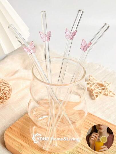1/2/4/6/8 件装卡通可重复使用装饰玻璃吸管，带粉色蝴蝶结，可爱弯曲透明派对玻璃饮用吸管餐具套装，带清洁刷，适用于水杯、厨房、吸管装饰、冷饮、奶茶、咖啡、果汁、冰沙、厨房、餐厅、鸡尾酒会、返校季、送给女朋友/男朋友、父母、朋友的趣味礼物、节日用品、新年、情人节。