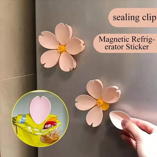 2pcs Sakura Pattern Magnetic Sealing Clips, Refrigerator Magnets, Food Bag Clips, Moisture-Proof Snack Sealing Clips, Magnetic Stickers, Creative 3D Personalized Moisture-Proof Snack Box Decor Magnets | Plastic Material, Refrigerator Magnets