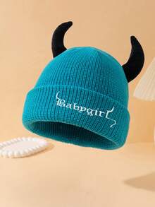 1pc High Quality 85g Large Circumference Women's Fashion Solid Color "BABYGIRL" Embroidered Knit Hat With Horn Decor, Suitable For Halloween Outfit And Outings Winter Women - A - View 17