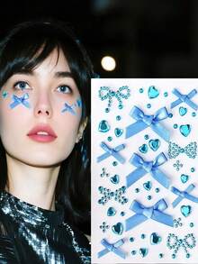 一张约171颗钻石心形蝴蝶结水钻贴纸，闪亮宝石贴纸，可用于脸部、身体、指甲，适合圣诞节、派对、节日、Y2K风格，有黄色、蓝色、红色、粉色、紫色可选。