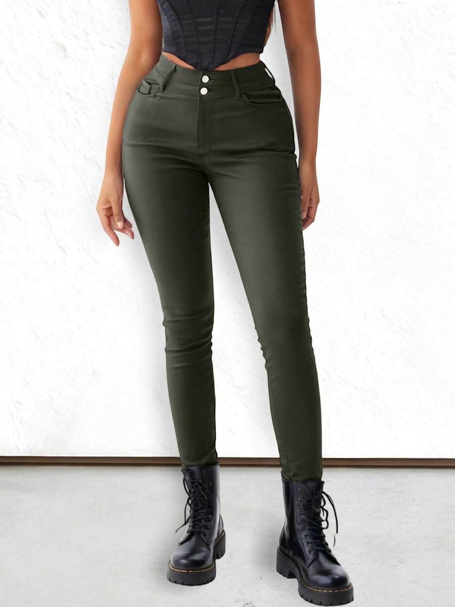 Apperloth A Quần nữ Nút Túi Dây kéo màu trơn Hấp dẫn - xanh quân đội - Xem 1