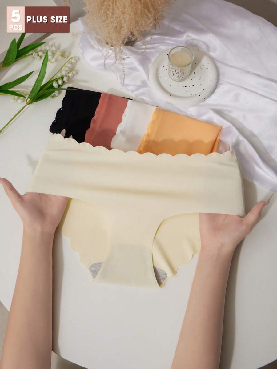 5 piezas Bragas básicas diarias de talle medio, cómodas y suaves, de seda de hielo, de unicolor y de moda, para mujer, talla grande - Multicolor - Ver 1