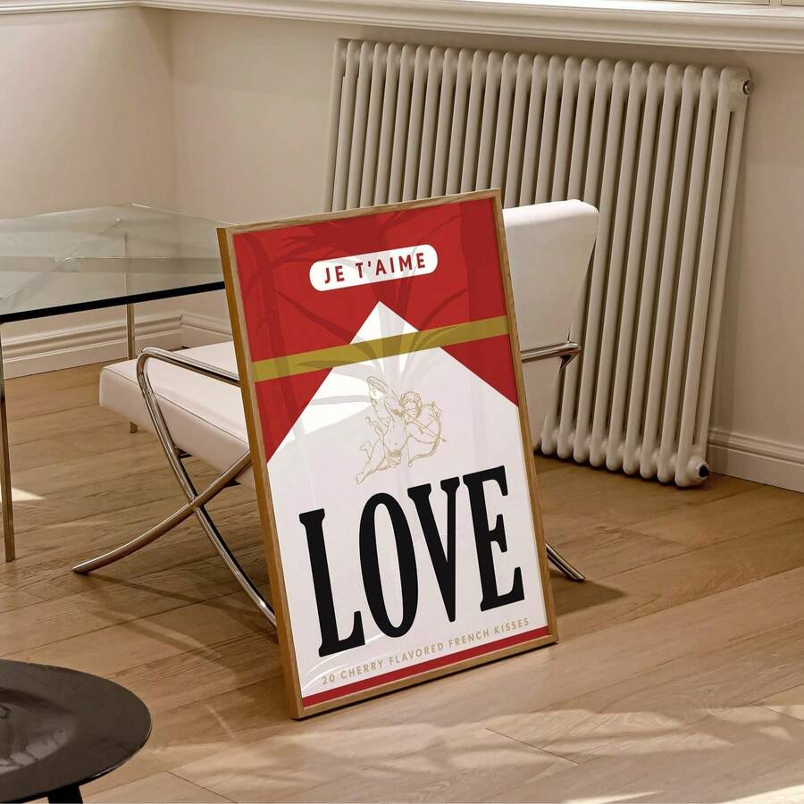 1幅无框复古红色爱情海报墙画，复古别致墙面装饰，可爱爱情美学印刷品，卧室、宿舍和客厅房间装饰 | 复古风格礼品，饰有花卉图案 - 彩色 - 查看 1