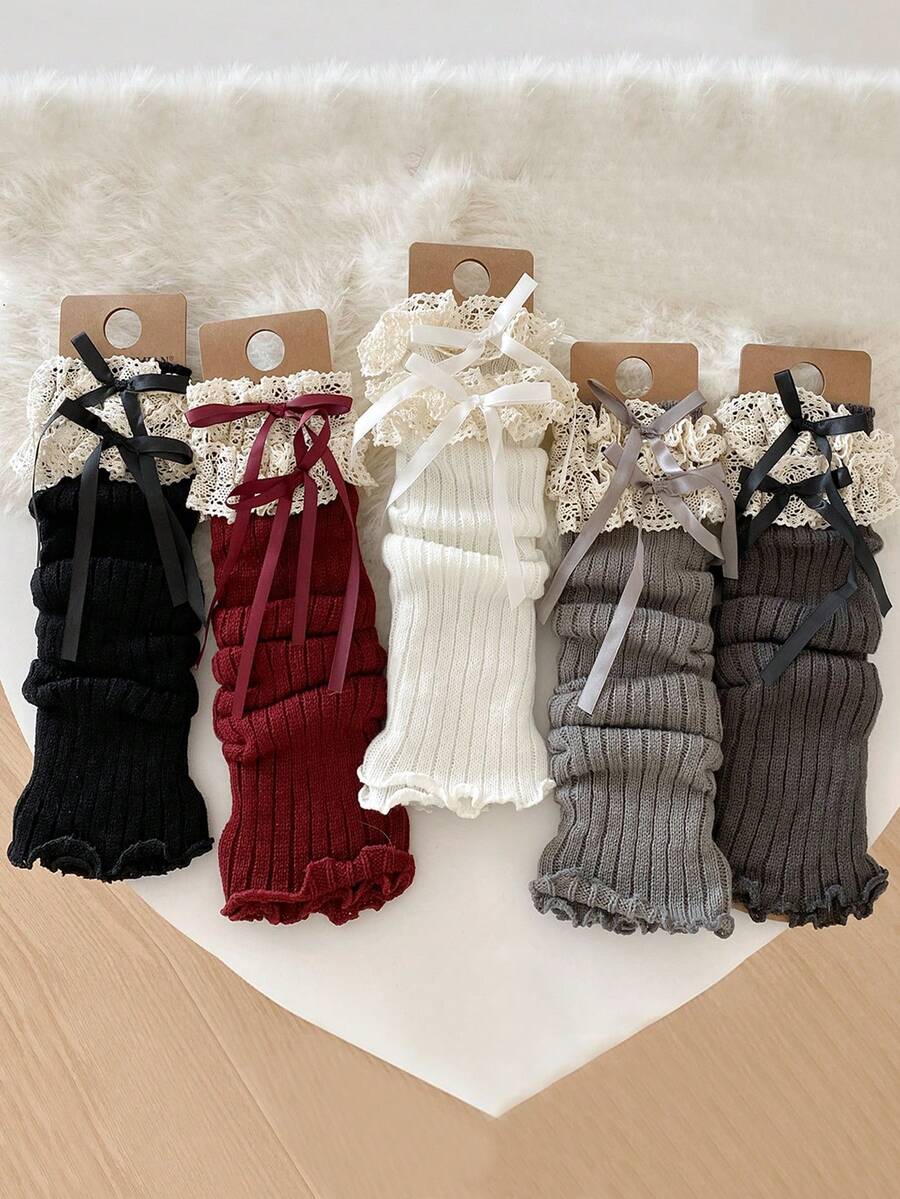 1/2/4/6双装女士彩色蝴蝶结蕾丝边过膝保暖腿套,可爱时尚,适合春、夏、秋、冬四季穿着 - 彩色 - 查看 1