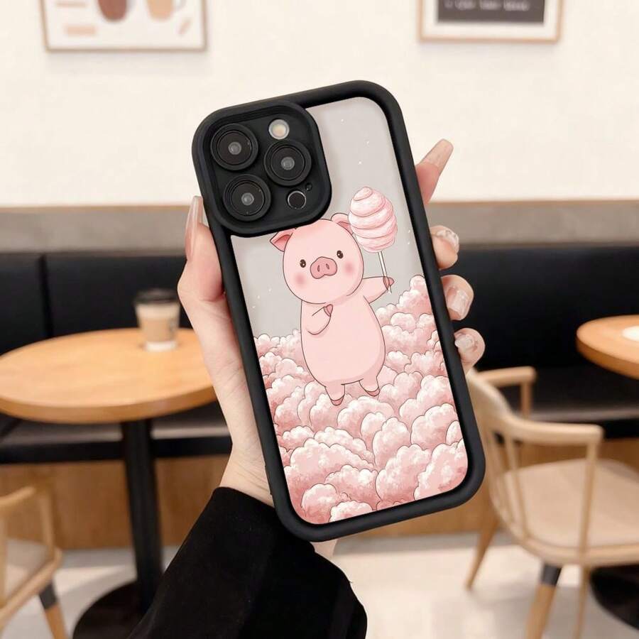 Funda de telefono con borde negro para iPhone 14 Pro Max funda rosa con estampado de cerdito caricatura sosteniendo algodón de azúcar sobre nubes suaves funda protectora para uso diario en cafeterías y salas de estar Aplicable a los teléfonos de la serie Apple y Galaxy - Negro - Ver 1