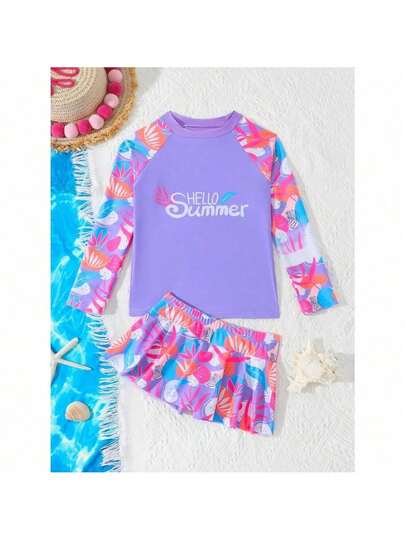RWX VEST Conjunto Infantil Feminino UV com Blusa e Saia Estampada – Proteção e Estilo para o Verão 2025 I3631
