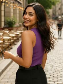 Women Knit Tops - 紫色 - 查看 3