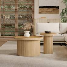 Coffee Table, Double Round Table, Side Table With Natural Wood Slats. Multifunctional Living Room Table. - Natural Walnut Wood Color - View 6