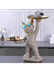 33.5CM Butler French Bulldog Statue - Resin Decor With 2 Serving Trays, Vintage Home Accent For Living Room/Bar