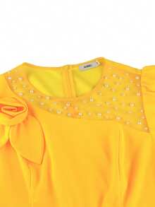 Plus Size Women's Yellow Ruched Jumpsuit, Long Sleeve Round Neck Bishop Sleeve, 3D Pearl Rose Decor Knit Fabric, Party Dress - Yellow - View 10