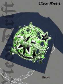 NeonDrift Double-Sided Printing Halloween, Christmas, Thanksgiving Gifts-Glowing Neon Graffiti T-Shirt - Vibrant Green Design For Urban Streetwear Enthusiasts, Perfect For Festivals And Nightlife,  Graphic Tee With Bold Artwork - 藏蓝色 - 查看 3