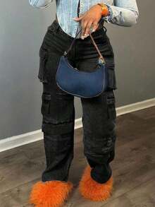 Women's Fashionable Casual Straight Leg Workwear Jeans, Workwear Pants, Workwear Winter Pants, Multi Pocket Storage, Suitable For Parties, Birthday Parties, Nightclubs, Nightclubs, Concerts, Press Conferences, Music Festivals, Electronic Music Festivals, Etc - Black - View 3