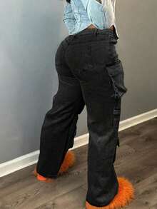 Women's Fashionable Casual Straight Leg Workwear Jeans, Workwear Pants, Workwear Winter Pants, Multi Pocket Storage, Suitable For Parties, Birthday Parties, Nightclubs, Nightclubs, Concerts, Press Conferences, Music Festivals, Electronic Music Festivals, Etc - Black - View 4