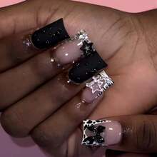 Duck Press On Nails Medium Cute Star Press On Cool Style Fake Nails Glossy Black Bow Star Shiny Rhinestone Design French Nails Cute Press On Nail Leopard Print Manicure Nude Stick On Nails For Women{Inchcolorinch:InchColorfulinch} - đầy màu sắc - Xem 2