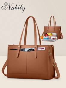 Insulated Lunch Tote Bag For Women With 15.6 Inch Laptop Compartment, Multifunctional Large Capacity Quilted Leather Computer Bag For Work, Teacher, Office & Commute - 棕色 - 查看 1