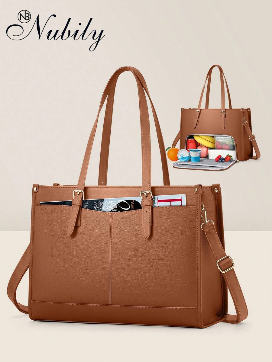 Insulated Lunch Tote Bag For Women With 15.6 Inch Laptop Compartment, Multifunctional Large Capacity Quilted Leather Computer Bag For Work, Teacher, Office & Commute - 棕色 - 查看 1