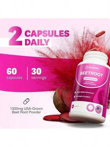 Rosabella Organic Beet Root Capsules – 1300mg Beetroot Powder Natural Energy & Endurance Support, Non-GMO, Lab-Tested Beet Supplement - 120 Capsules, 60-Day Supply - 60 片(1 包) - 查看 4