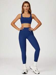 MASKERT Conjunto deportivo para mujer: Sujetador deportivo de cuello cuadrado + Pantalones de yoga de cintura alta y ajuste ceñido, de piel amigable y que realza la figura, conjunto de 2 piezas para fitness, entrenamiento, correr y actividades al aire libre - Azul Marino - Ver 5