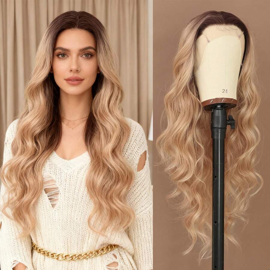 200% Density 26 Inch 13X4 HD Transparent Ash Blonde Lace Front Wigs Body Wave Lace Frontal Wig Honey Blonde Color Lace Front Hair Wig Loose Wave Ombre Gloden Blonde Hairpiece Closure Wig Synthetic Heat Resistant Fiber Hair 13*4 Lace Wigs For Daily Wear Party Halloween Christmas - 漸變金色 - 查看 1
