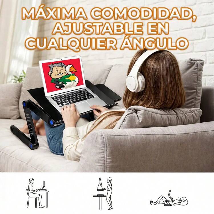 ELE-GATE Mesa para Laptop Reclinable y Ergonómica: 2 Ventiladores, Soporte para Mouse - Negro - Añade 6