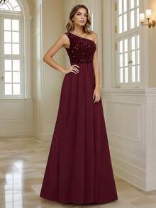 HOMEYEE 女士亮片网纱拼接性感开衩休闲度假优雅晚礼服，长款紧身派对礼服，适合春季婚礼穿着 - 酒紅色 - 查看 3