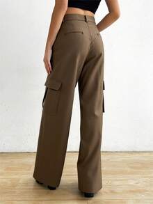 Pantalones de piernas anchas con botones para mujeres, tejidos sólidos, tejidos de poliéster ligeros y cómodos, pantalones individuales de moda elegante - Café integral - Ver 2