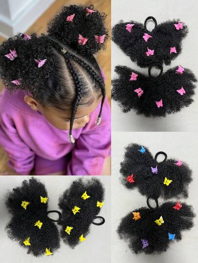 2 ชิ้น ผมเด็กหรูหราพร้อมกิ๊บติดผมลายผีเสื้อ Afro Puff นุ่ม Marley Kinky Bulk สำหรับเด็กผู้หญิงที่มีความยืดหยุ่น
