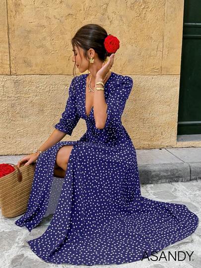 Vestido casual con cuello en V profundo, lunares y botones en la parte delantera con mangas medianas para mujer