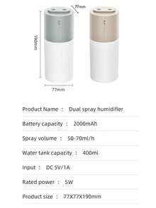 Umidificador portátil USB com reservatório de água de 400ml, bateria de 2000mAh, 2 modos de névoa, luz noturna, ideal para quarto, escritório e carro.