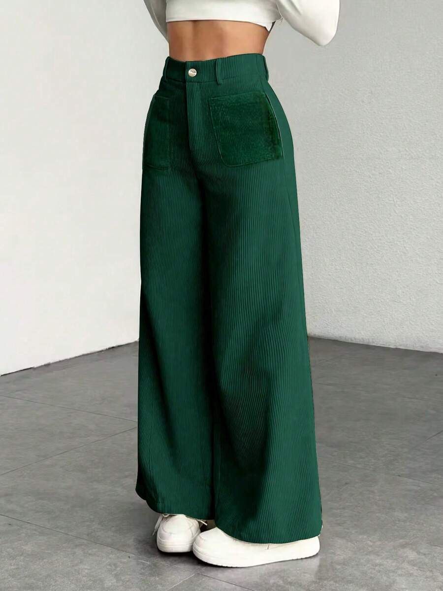 Women's Elegant Solid Color Corduroy Wide Leg Pants, Casual Versatile Trousers, Suitable For Work Attire Or Daily Outings, Essential For Spring/Autumn/Winter Outings And Dates, With Green Pockets, Zipper And Buttons