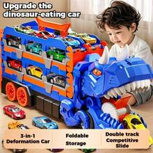 一套恐龙玩具车运输储物轨道卡车，包含12辆合金小车，适合3-8岁男孩，新年礼物。恐龙卡车可变形猛禽发射器卡车，可折叠轨道变形货车，儿童玩具生日礼物，男孩礼物，双轨道儿童玩具车。