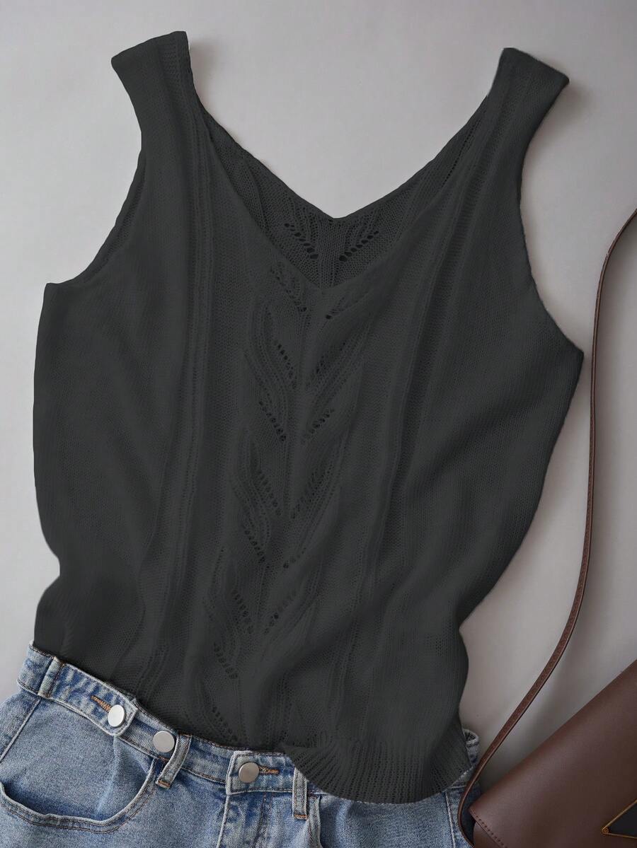 Women Elegant V-Neck Knit Tank Top - Sleeveless, Solid Color Casual Blouse, Suitable For Spring And Summer - Black - View 1