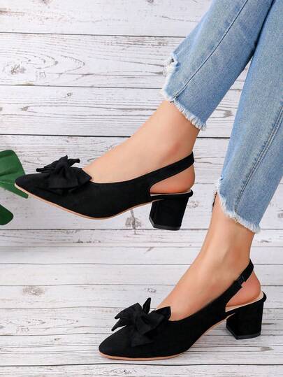 Black Bow Tie Strap Fashionable Pointed Toe Chunky Heel Versatile Formal Party Dress Sandals For Women & Teens