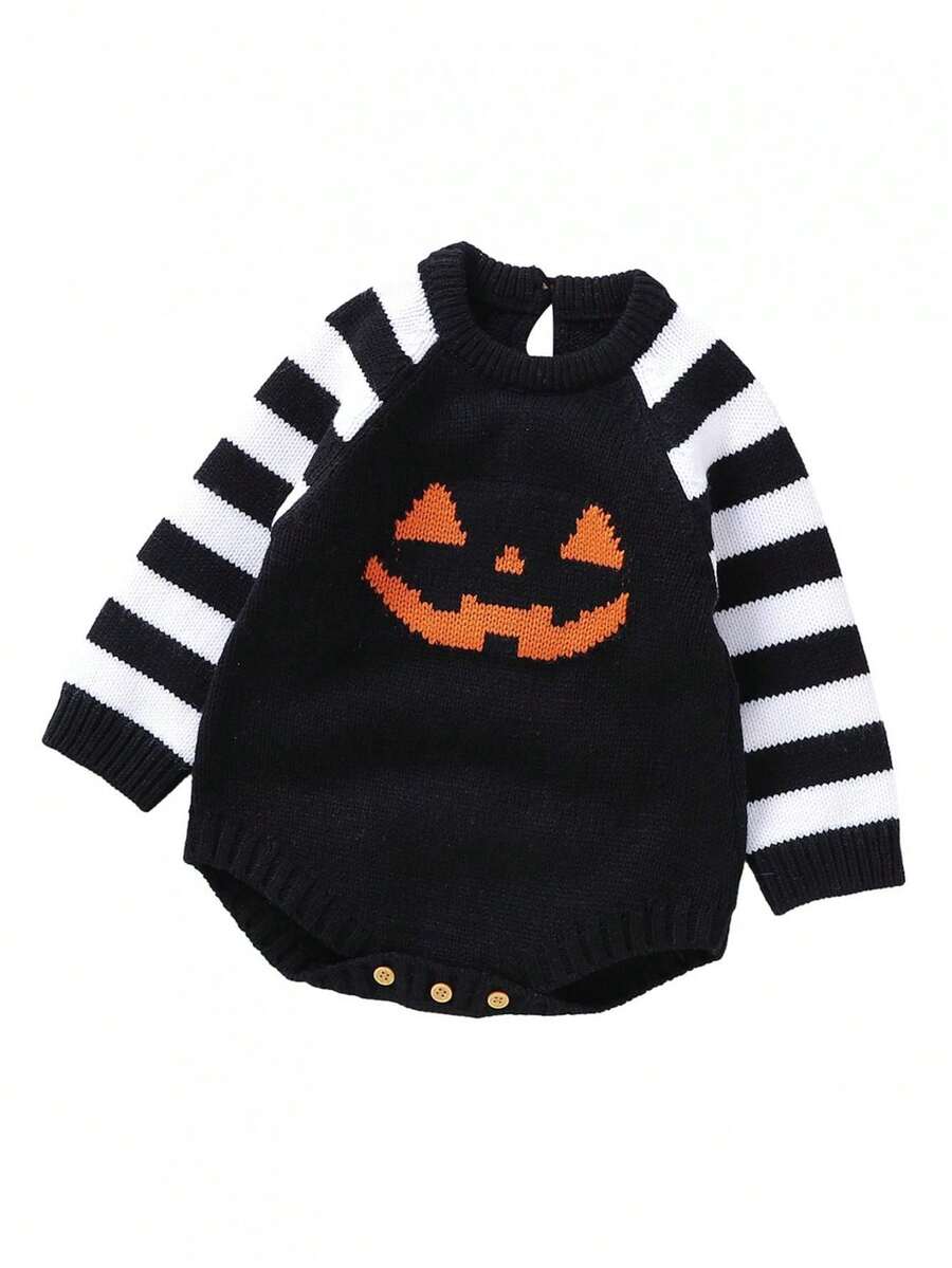 Baby Sweater Romper Striped Long Sleeve Round Neck Pumpkin Face Print Bodysuit Infant Halloween Outfit - Black - View 1