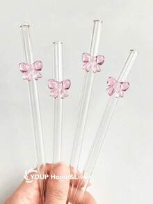 1/2/4/5/6/8Pcs Cute Cartoon Glass Straws With Pink Hert Charms,For Water Cup,Shatter Resistant And Reusable Clear Glass Drinking Straws With Cleaning Brushes, For Cold Drinks, Milk Tea, Coffee, Juice, Smoothies, Kitchens, Restaurants, Cocktail Parties, Back-To-School, Girlfriends/Boyfriends, Parents, Friends, Holiday Supplies,New Year, Valentine's Day.