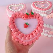 Heart-Shaped Jewelry Organizer With Mirror & Drawer - Realistic Strawberry Cream Cake Design, Pink And White Plastic Desktop Storage Box, Suitable For Necklaces, Earrings, Headbands - Valentine's Day/Mother's Day Gift, Jewelry Gift Box, Romantic Aesthetic Decoration. - hộp đựng đồ trang sức - Xem 9