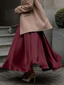 EARO Women's European And American Fashion Elegant Satin High-End Everyday Versatile Skirt, High Waisted Slimming Stretchy Knee-Length A-Line Flared Skirt, Autumn/Winter - 酒紅色 - 查看 4