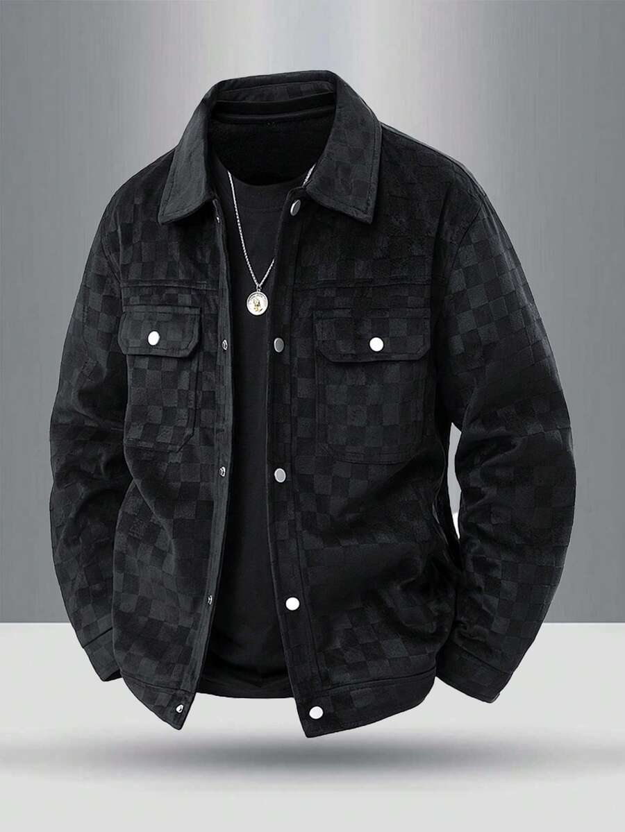 Teenage Boys' Autumn/Winter Suede Fleece Zip-Up Jacket, Round Neck Plaid Coat - Black - View 1