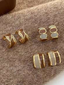 3对优雅简约独特几何双色设计耳环套装，奢华时尚日常休闲派对配饰，女士 - 棕色 - 查看 3