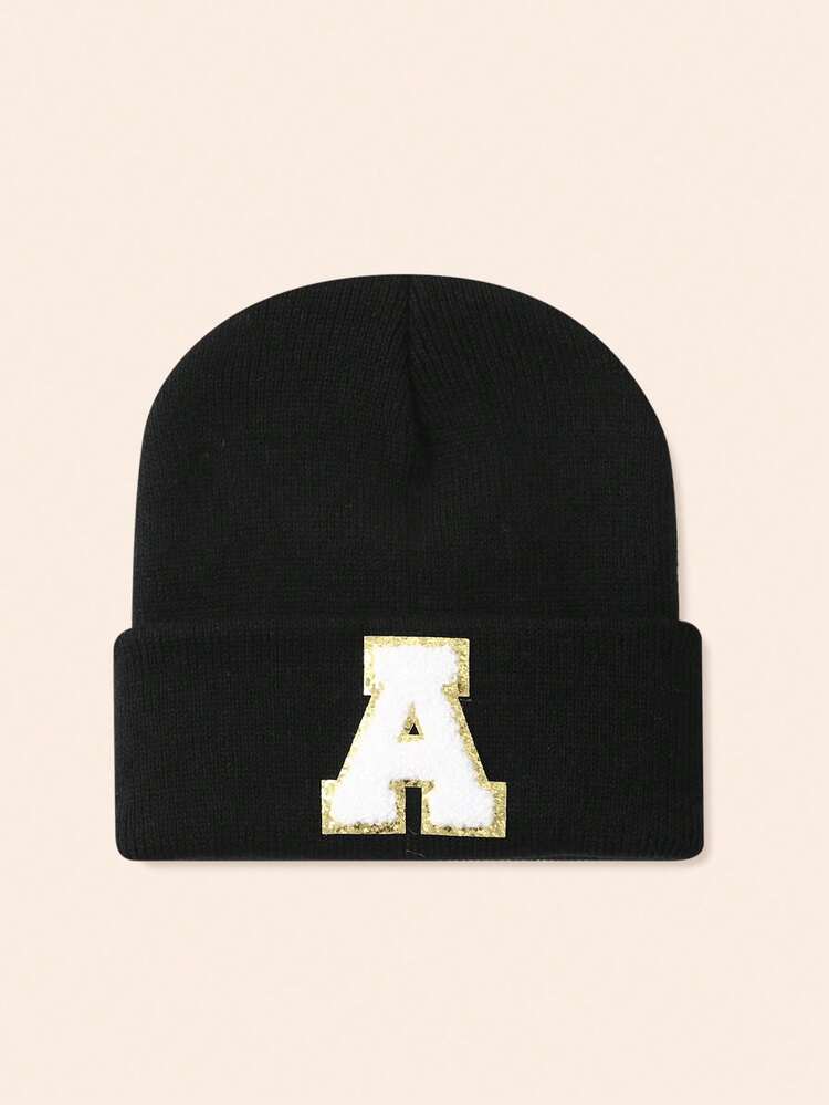 1pc Hat With 26 Alphabet Letters, Knitted Beanie For Baby Boys And Girls, Warm And Windproof For Outdoor And Daily Wear - Gold Label - Black Fluorescent Cap - View 3