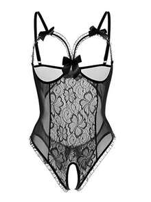 Sultry Polyester Bodysuit With Bow - Backless, Cupless, Spaghetti Straps, Sheer, Solid Color, Hand Washable, Sexy Womens Clothing For Adults - 黑色 - 查看 1