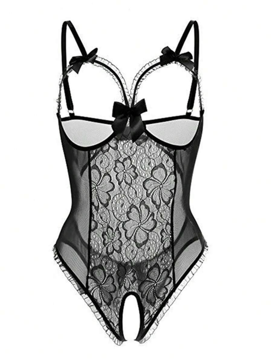 Sultry Polyester Bodysuit With Bow - Backless, Cupless, Spaghetti Straps, Sheer, Solid Color, Hand Washable, Sexy Womens Clothing For Adults - 黑色 - 查看 1