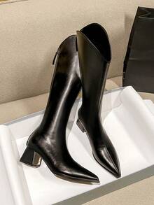 2025年高品质热销秋季新款粗跟V型高筒靴，百搭时尚及膝靴，低跟尖头欧式女鞋，优雅简约过膝靴 - 黑色 - 查看 2
