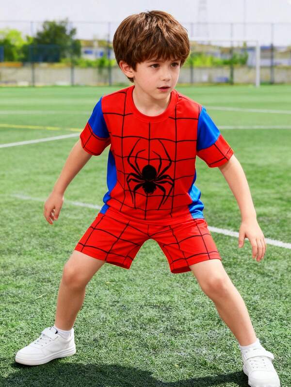 Toddler Boys' Stylish Party Casual Outdoor Simple Spider Web Colorblock Round Neck Short Sleeve T-Shirt And Shorts Set, Suitable For Summer