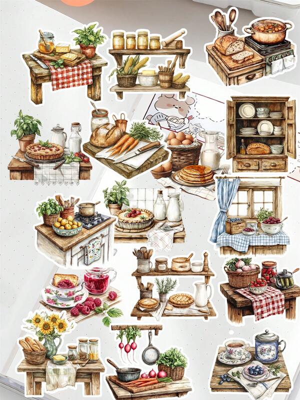 20pcs/Set DIY Tropical Fruit/Village Kitchen Home Cooking Stationery Sticker Set With Cute Floral Patterns For Journaling And Decoration Diary Photo Album Mobile Phone Scrapbook Supplies Scrapbook Stickers